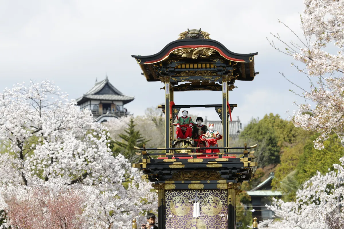 Inuyama Festival parade with wooden yama floats passing below Inuyama Castle