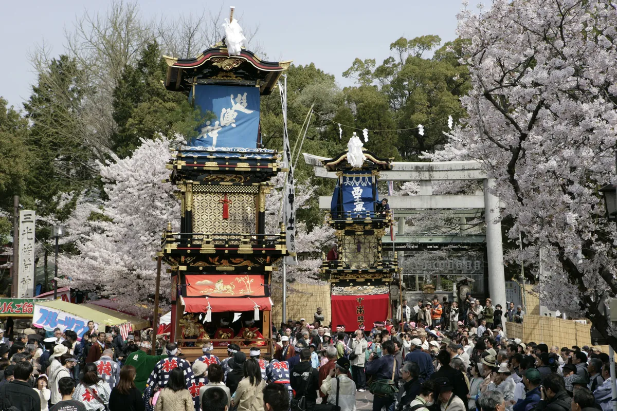 Detailed view of an Inuyama Festival yama float with its three tiers and karakuri puppet stage
