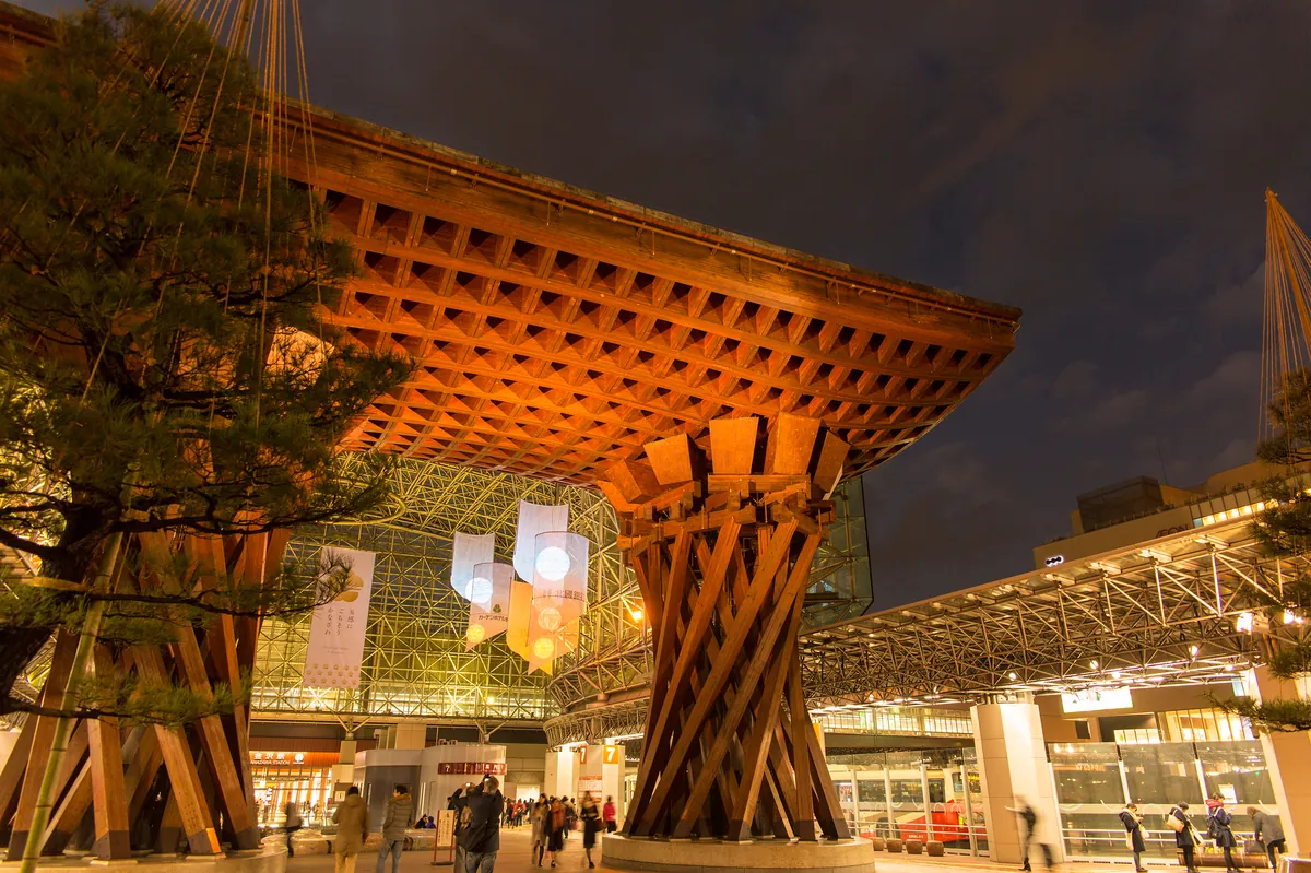 Close-up view of the Tsuzumi Gate's wooden drum-inspired architecture
