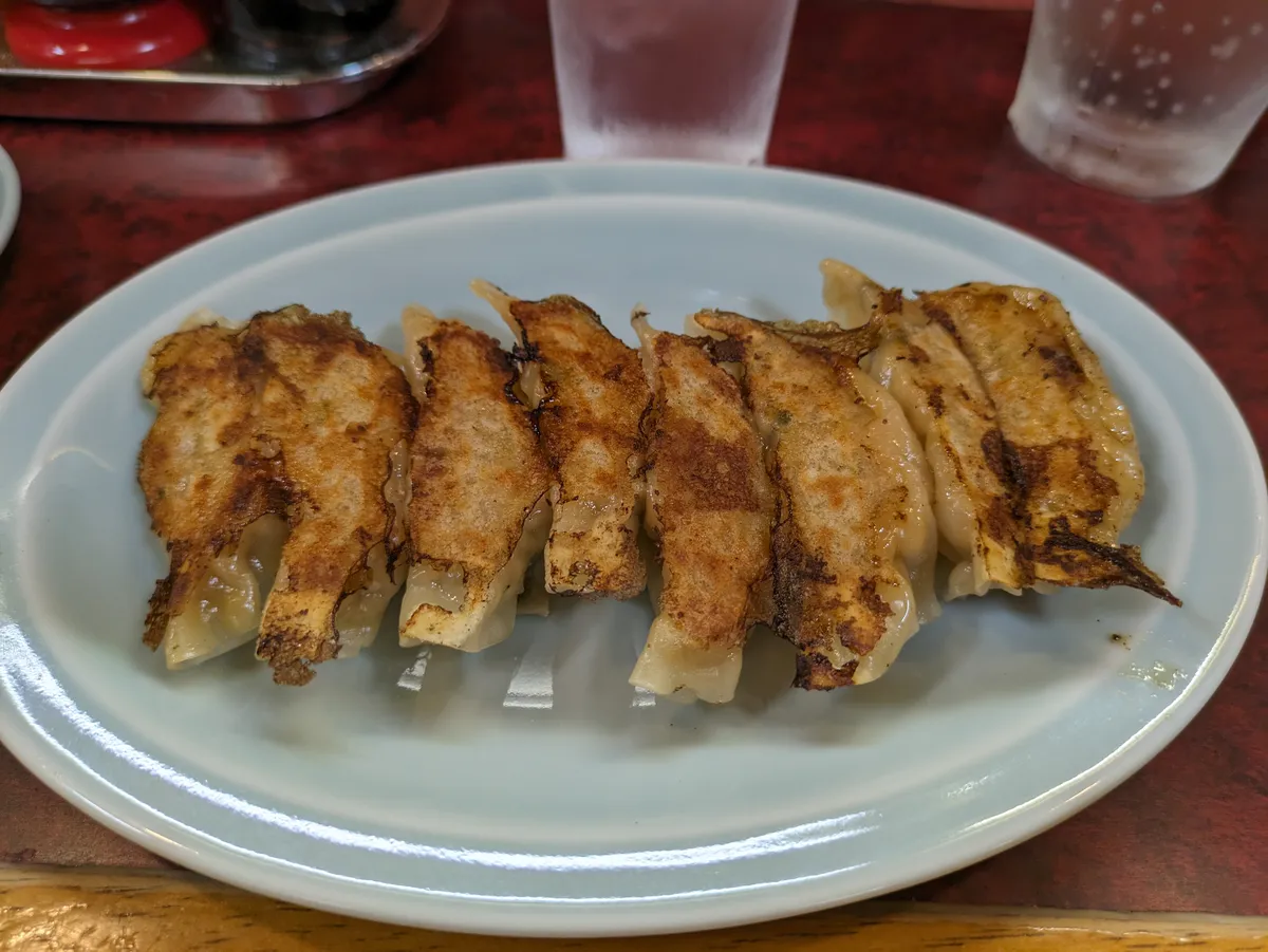 Crispy pan-fried gyoza dumplings served as a side dish at a Nagoya ramen shop