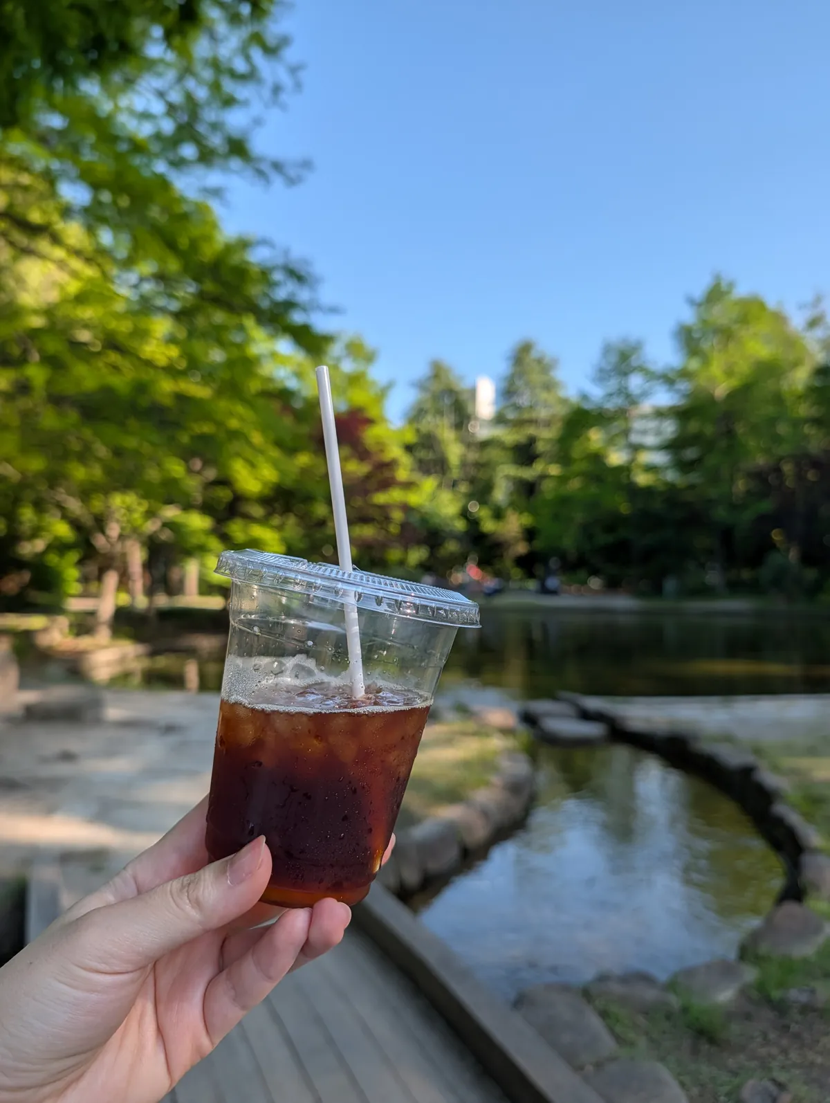 A clear plastic cup of iced coffee held in front of the Flarie pond, with green foliage in the background