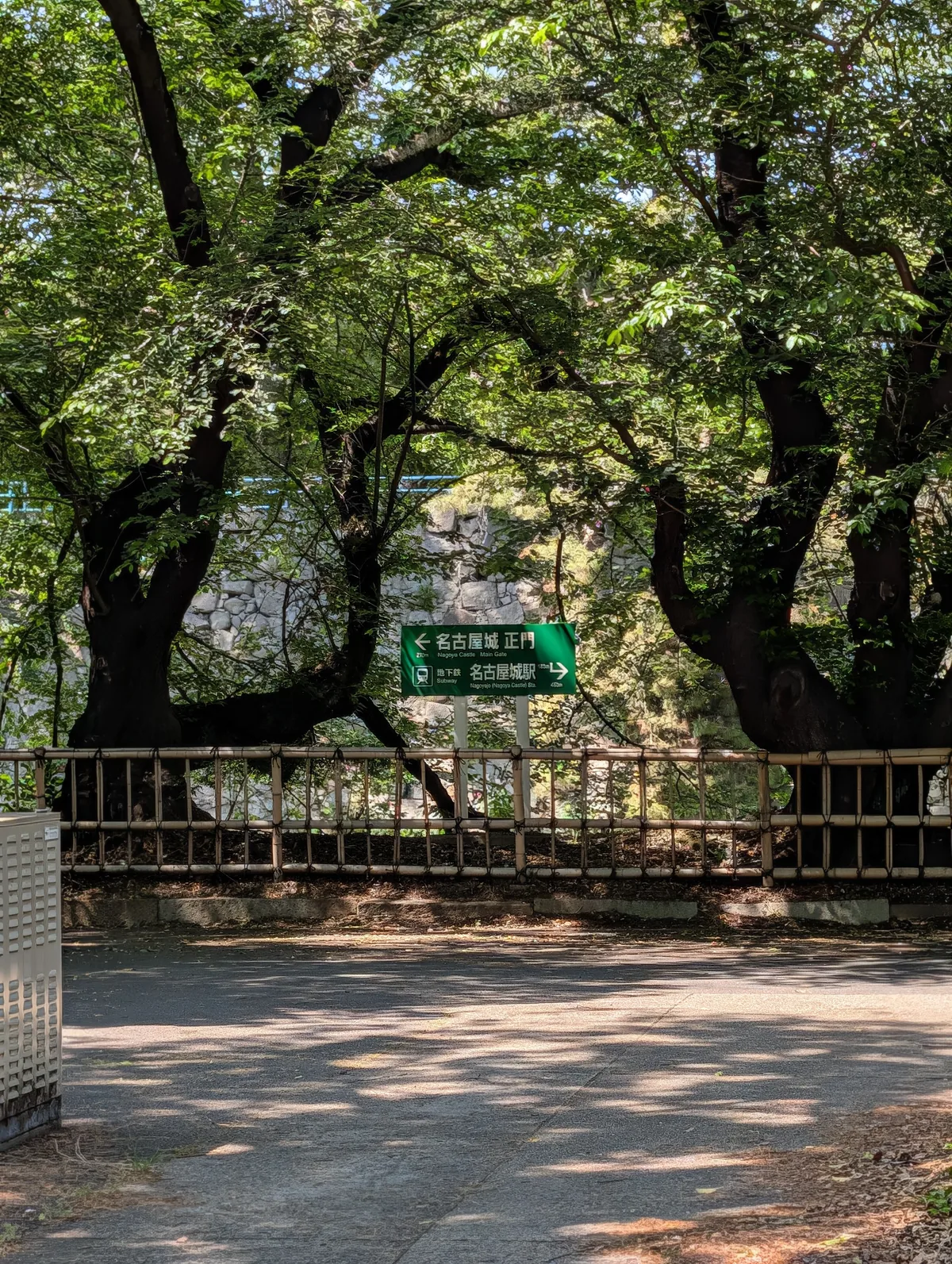 A green directional sign reading 'Nagoya Castle Main Gate' set among lush spring trees, viewed while approaching the castle from the south