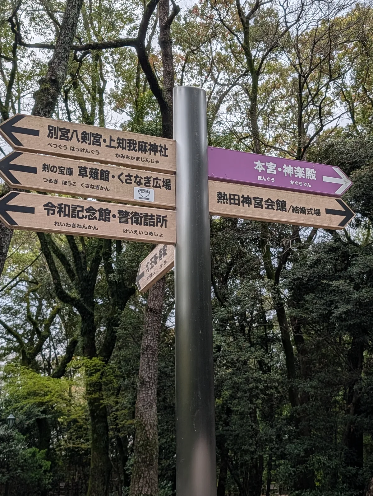 Wooden signposts inside Atsuta Shrine pointing to the main hall, subordinate shrines and the treasure museum