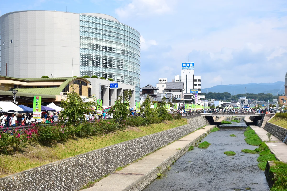 White stall tents and green festival banners line both banks of a river running through a town