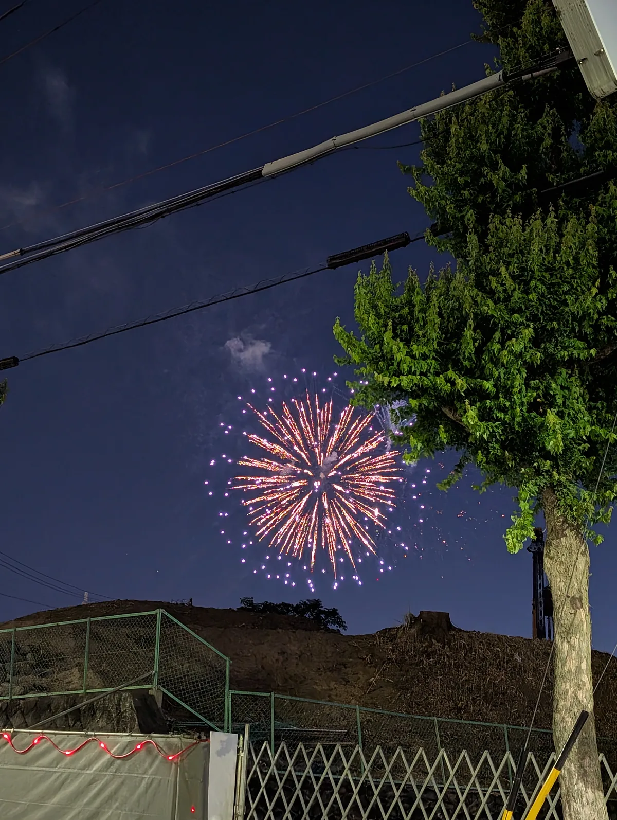A single firework opening in the night sky above rooftops, seen from a residential street with power lines