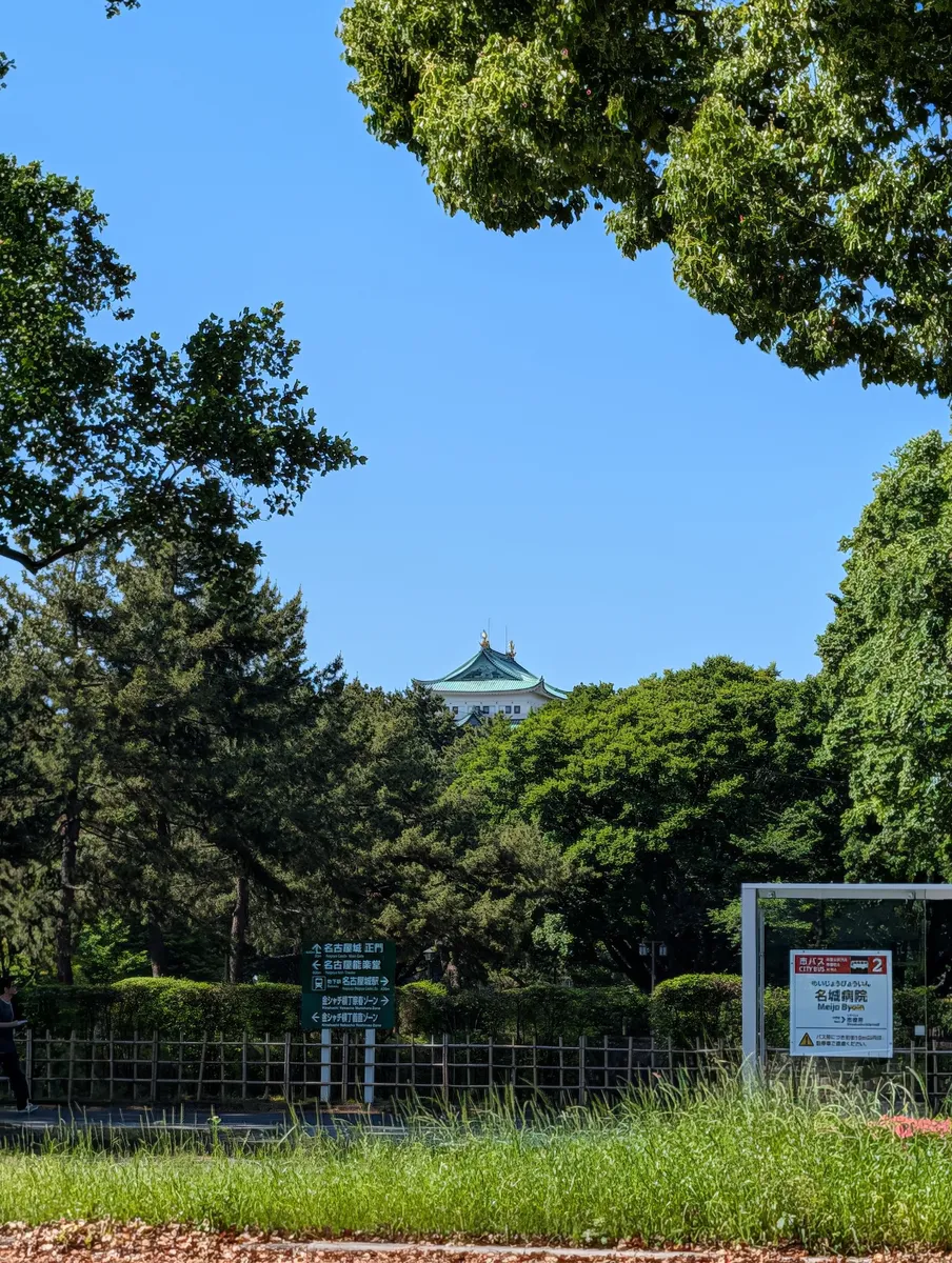 The green-tiled roof of Nagoya Castle's keep showing above the treetops, with green direction signs and a city bus stop in the foreground.